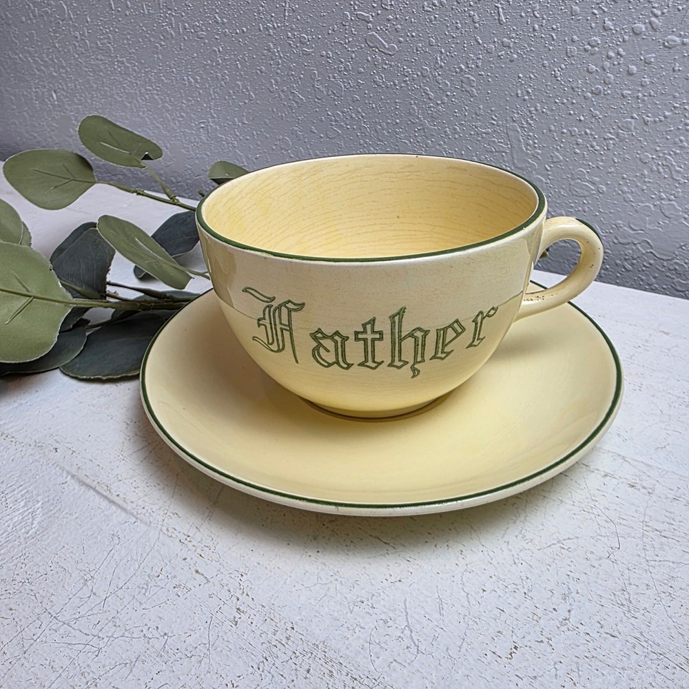 Vintage Continental Kilns 'Father' Oversized Ceramic Cup & Saucer Yellow & Green